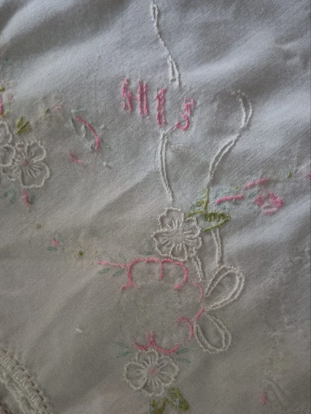 His & Hers White Pillowcase with Delicate Pink & Green Embroidery
